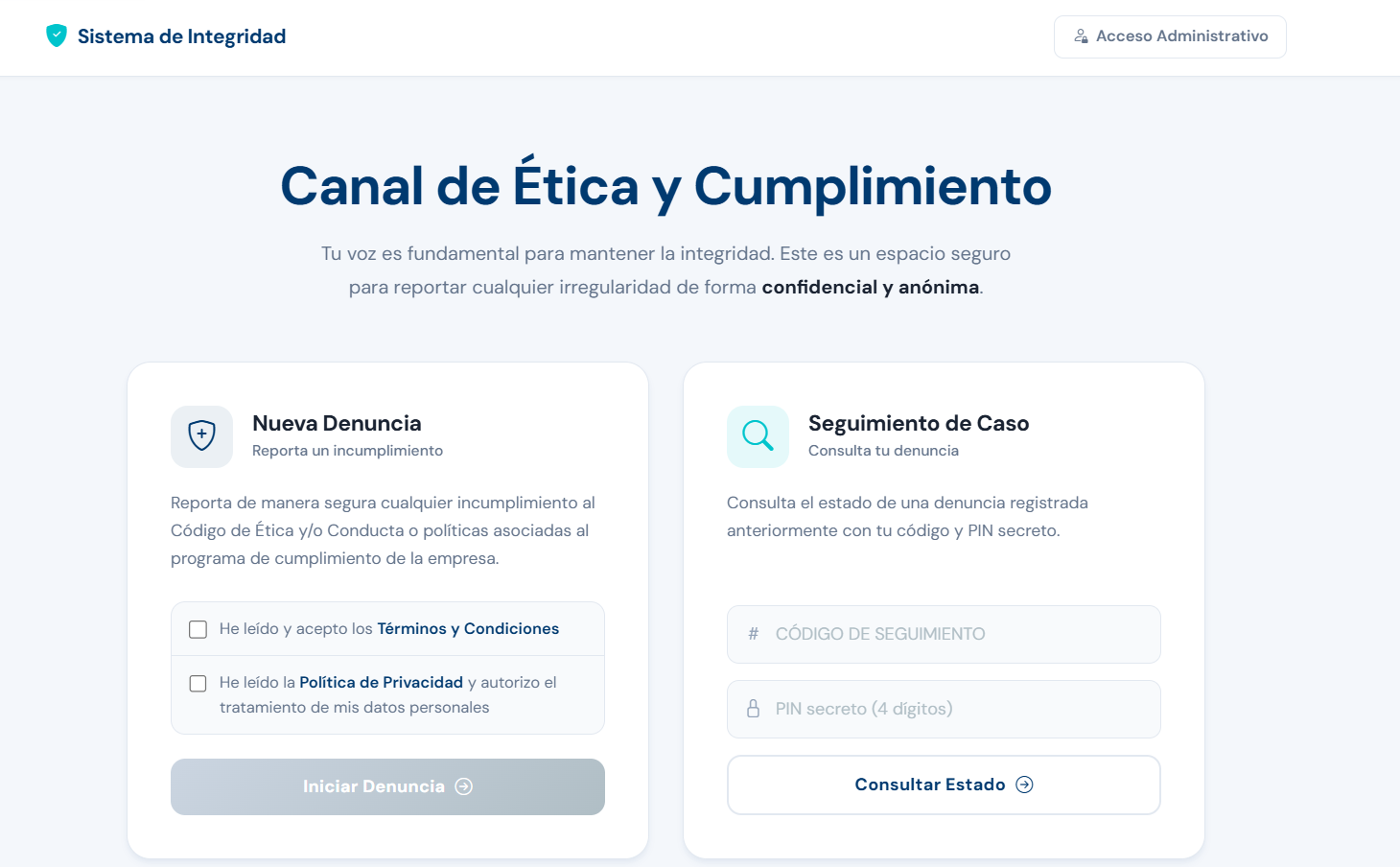 Vista del proyecto Canal de Ética — denuncias, seguimiento y gestión de casos