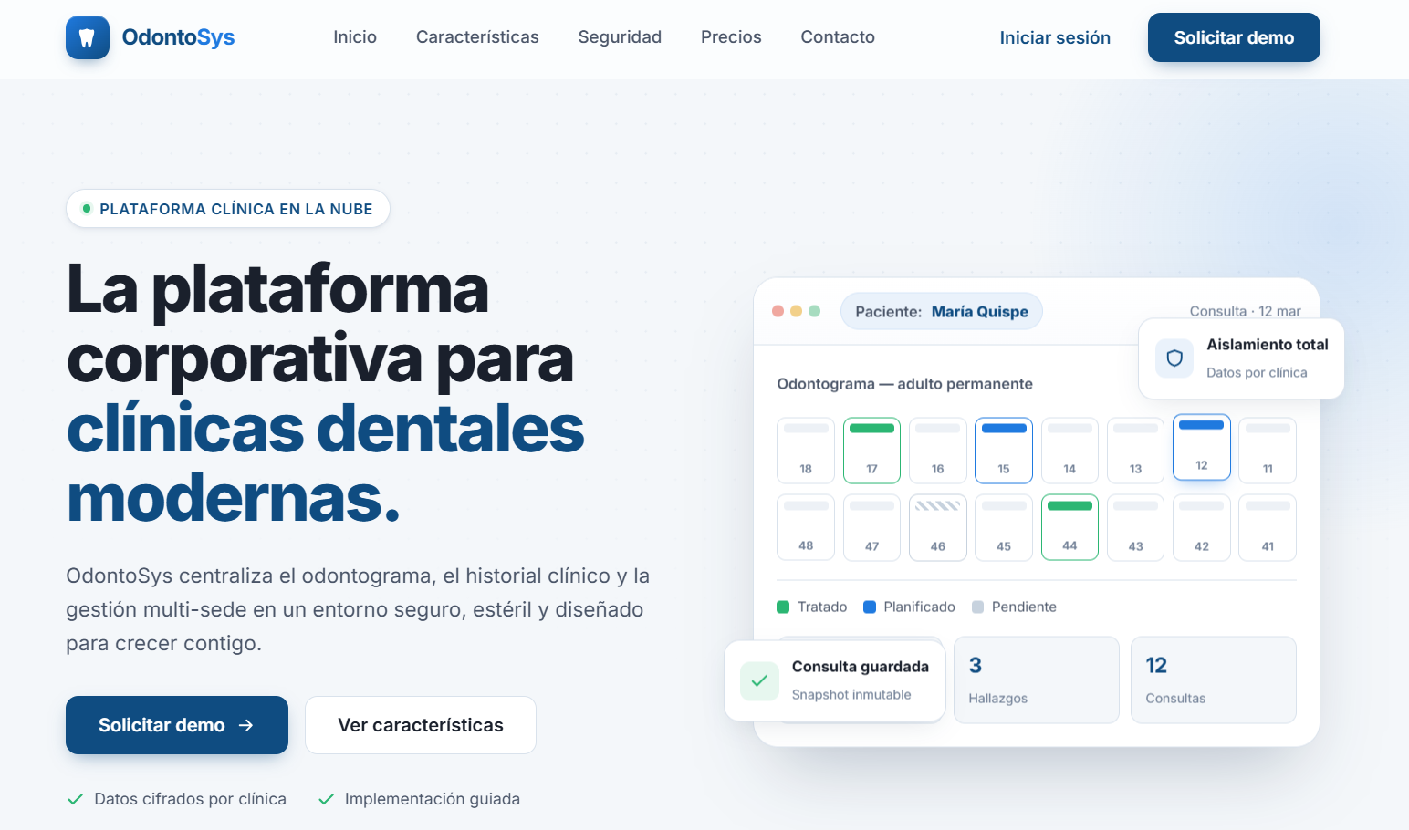 Interfaz del sistema OdontoSys — operación clínica y odontograma digital